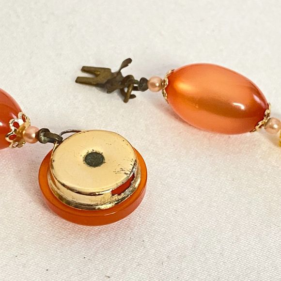 Orange Gold Necklace Glsss Oval And Small Faceted Clear Beads Magnetic Clasp - Picture 8 of 11
